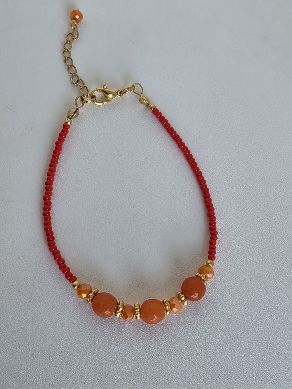 Orange Agate Beaded Bracelet Red Seed Beads Gold Plated Handmade 7"+2"